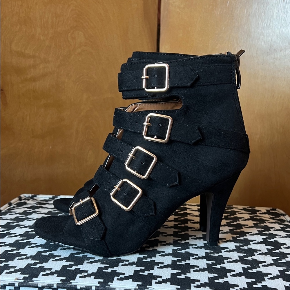 Beacon Black Suede Multi-Buckle High Heel Ankle Boots